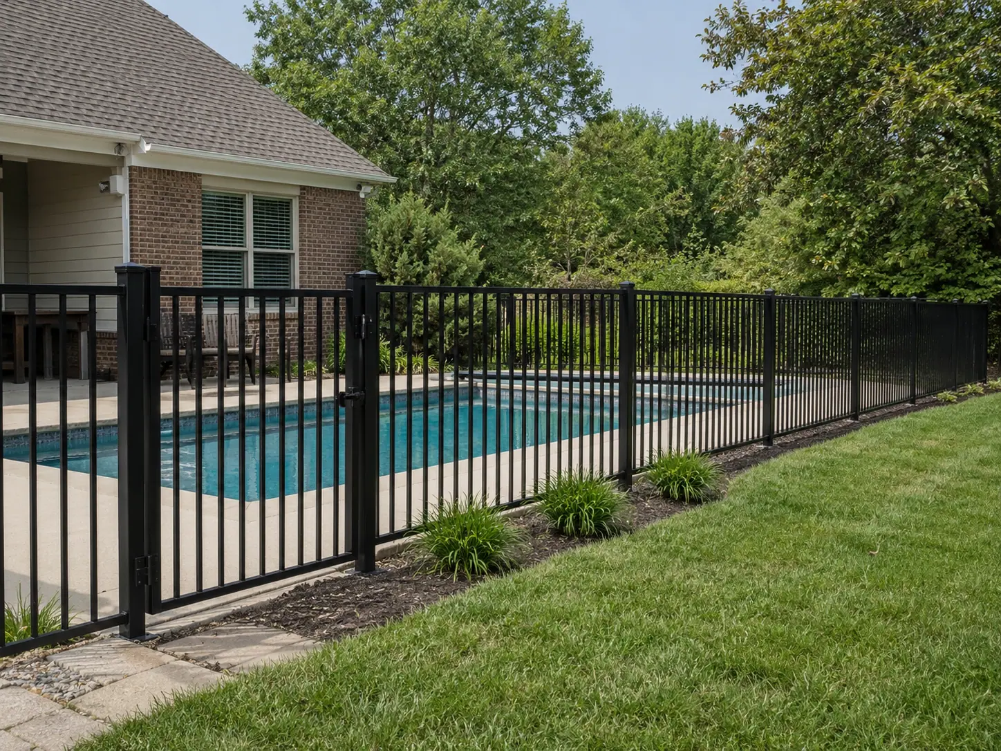 Black aluminum pool fence installed beside a swimming pool